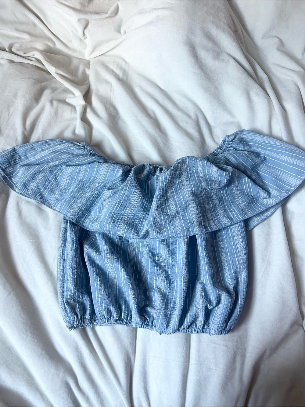Light Blue Striped Off-Shoulder Ruffle Crop Top - Picture 2 of 4